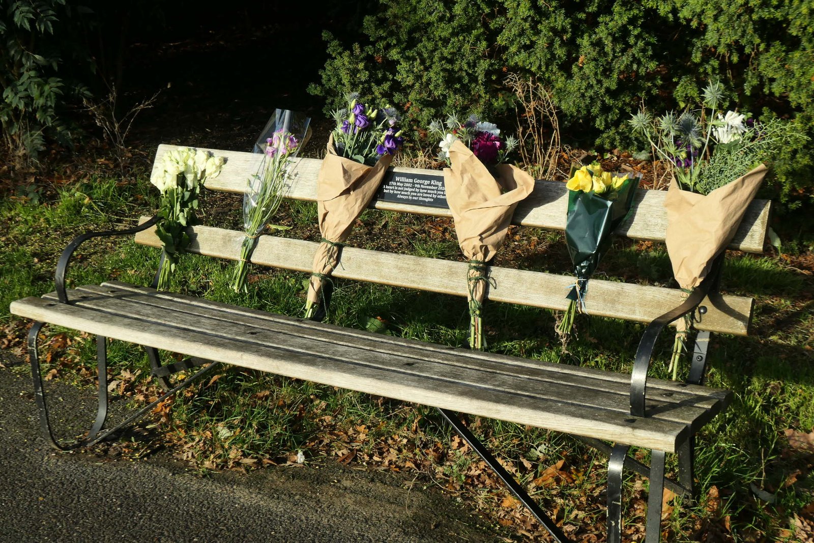 Flowers on Park Bench